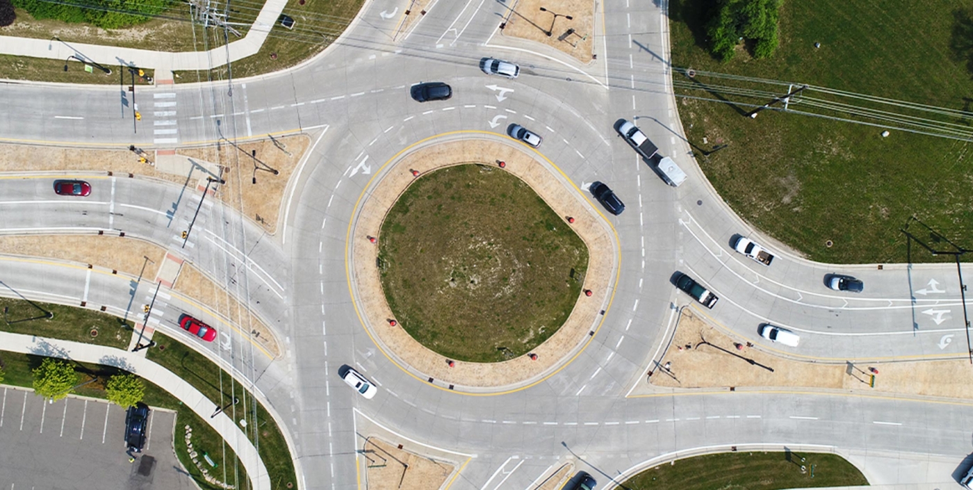 A closer look at the Northwestern Connector Triangle's multi-lane roundabout.