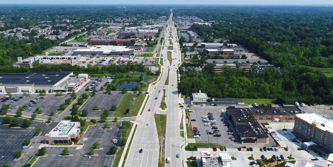 An overhead view of the 4-land boulevard on Orchard Lake Road in Farmington Hills, Michigan.
