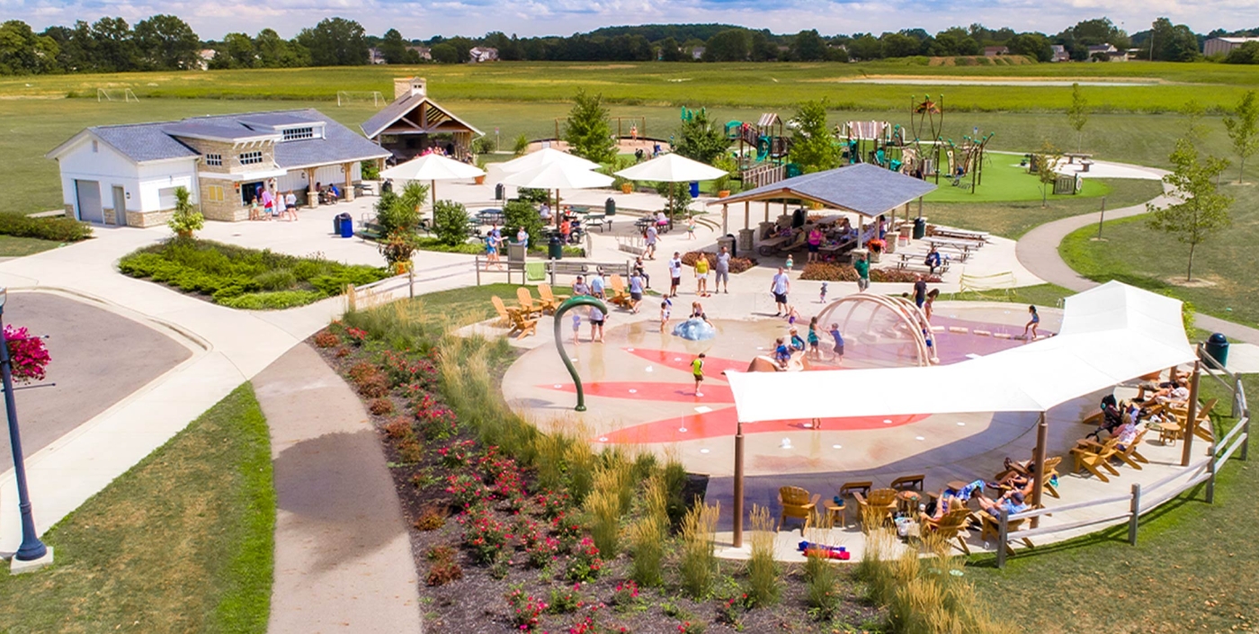 An aerial view of the splash pad at the City of Delaware's Veterans Memorial Park.