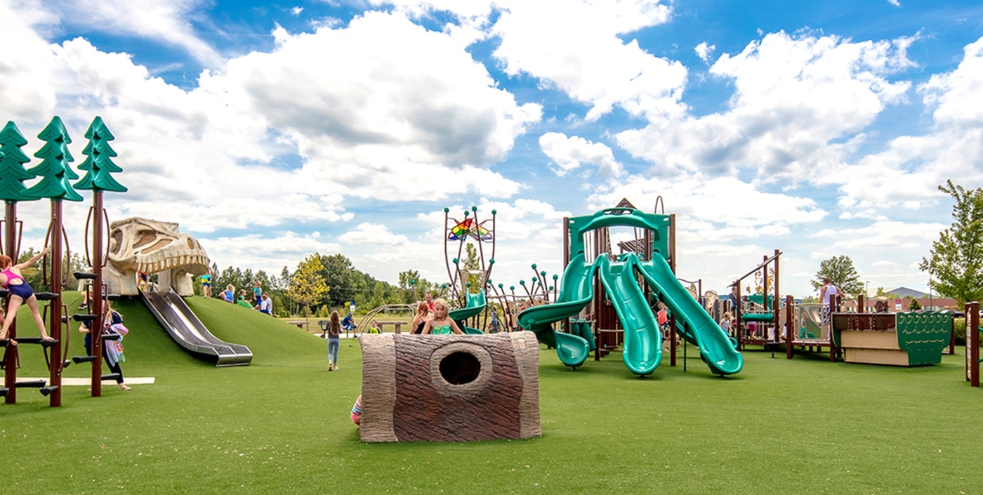 Children play at the Veterans Memorial Park in Delaware, Ohio.