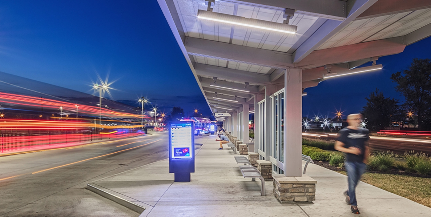 A nighttime view of COTA's bus rapid transit line.
