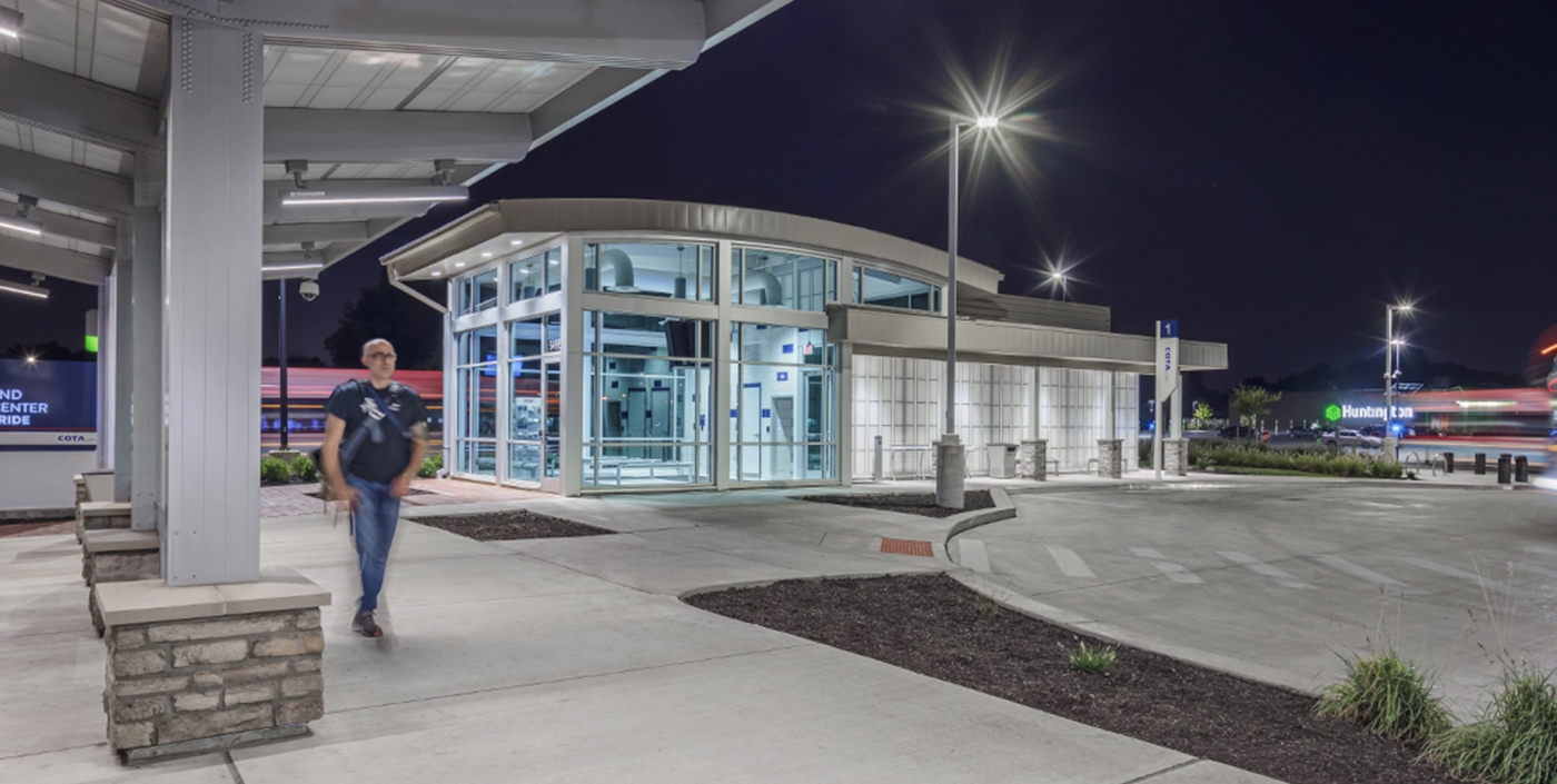 A nighttime view of COTA's Northland Transit Center Park and Ride.