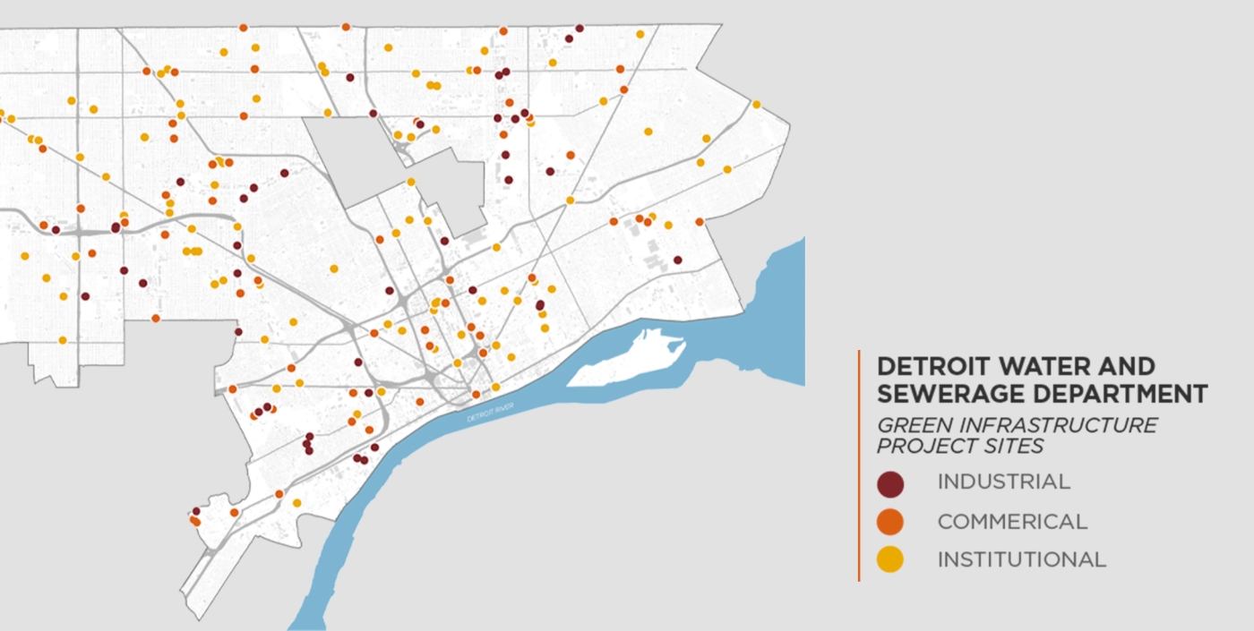 A map of DWSD's green infrastructure project sites.