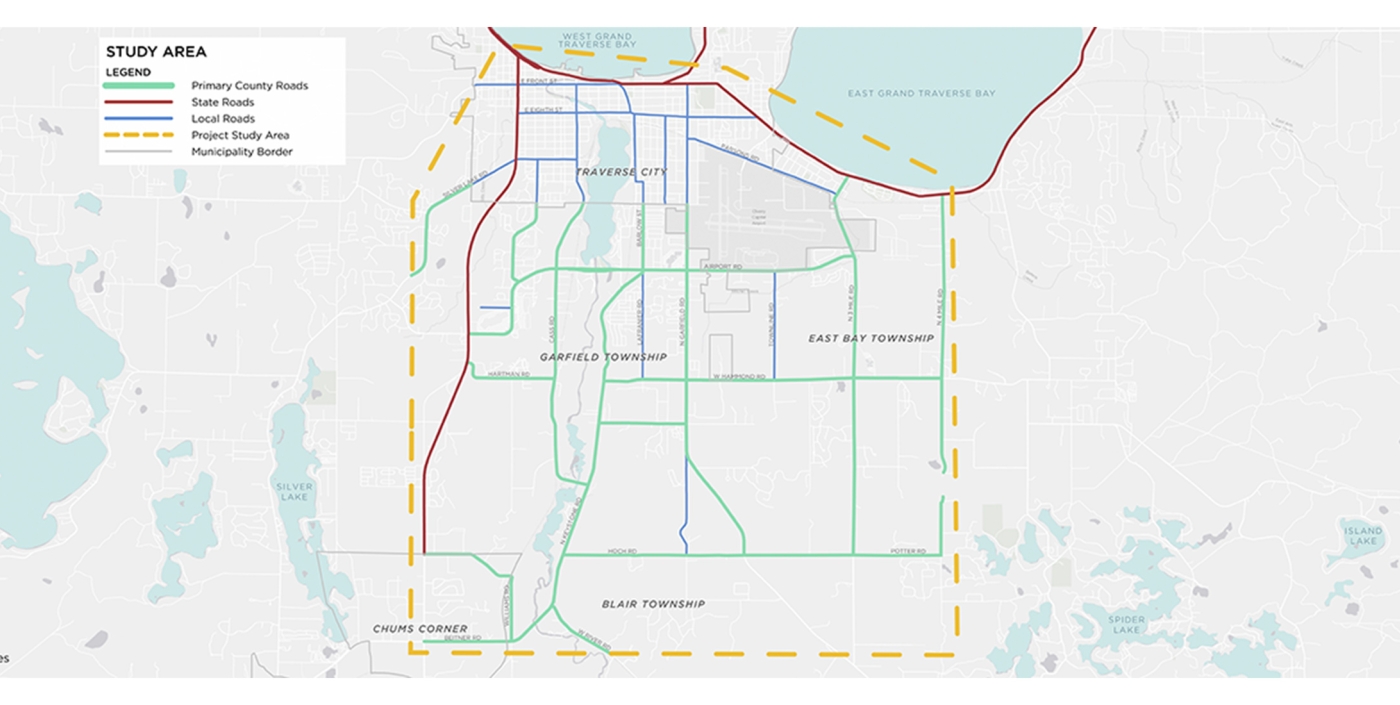 A study area map of Grand Traverse County corridors.