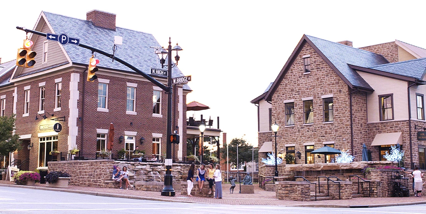 Historic downtown intersection at Bridge and High Streets in Dublin, Ohio.