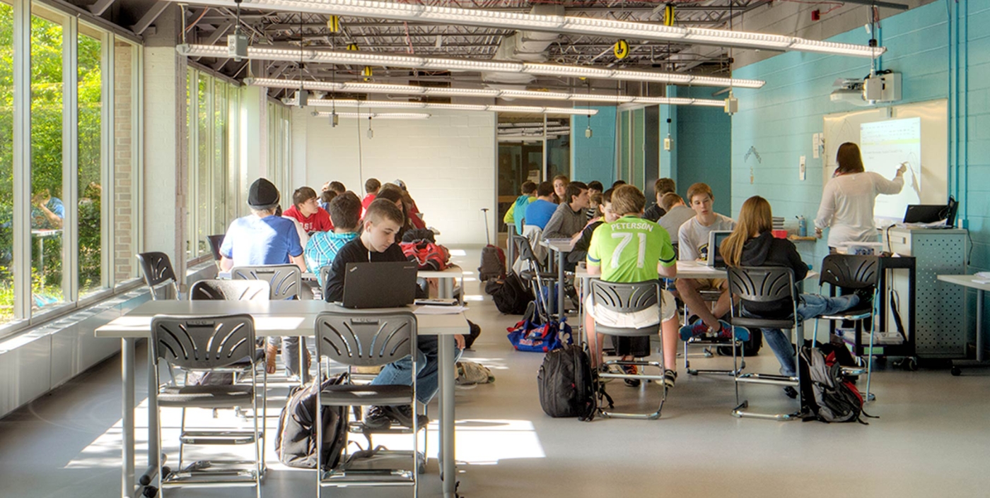 Students at Marysville STEM Early College High School benefit from natural daylight for transparency and connectivity.