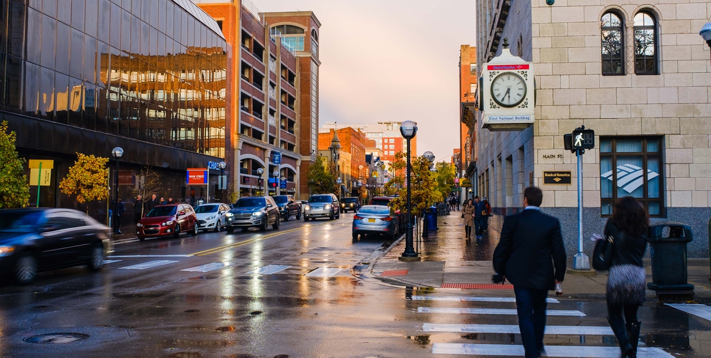 The City of Ann Arbor, Michigan's downtown at dusk.