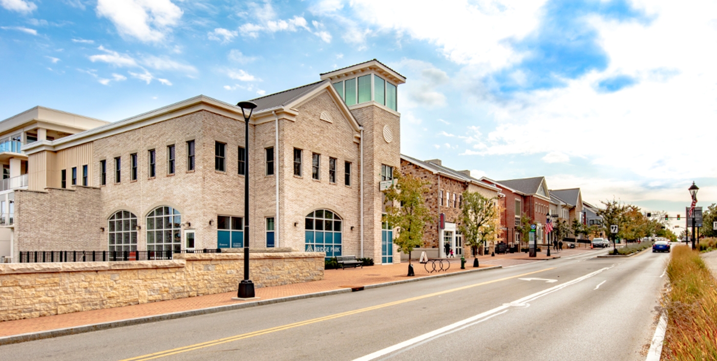 A daytime view of the streetscape along Dublin, Ohio's Bridge Park West mixed-use buildings.