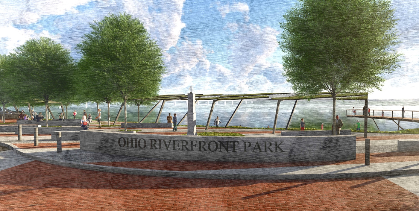 A sketch of the Ohio Riverfront Park in Downtown Marietta, as part of the historic vision and plan.