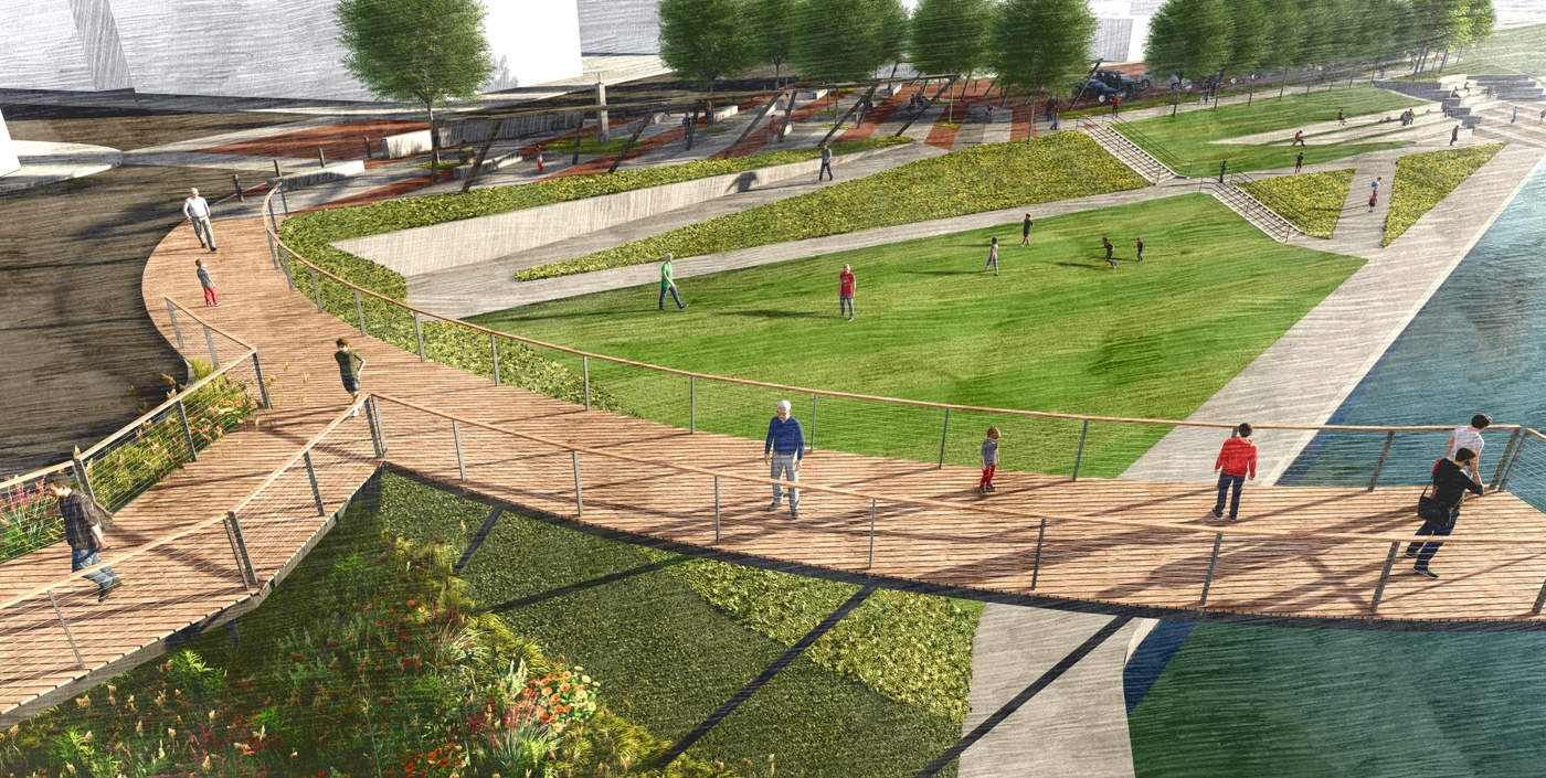 Pedestrians walk the Downtown Marietta Riverfront, part of the historic vision and plan.
