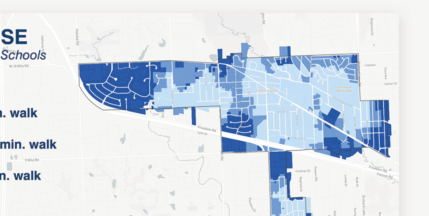 The City of Farmington's walkability to schools land use.