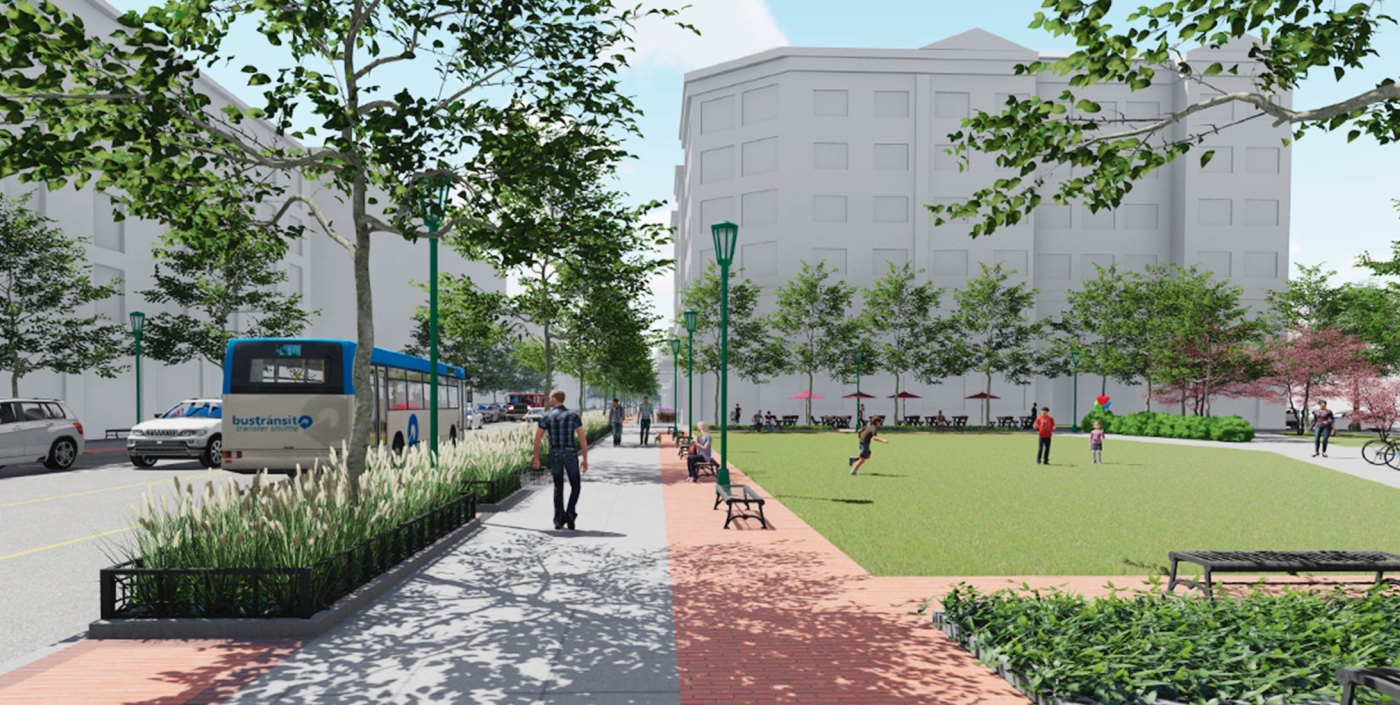 A rendering of Lane Avenue with more open space and increased walkability.
