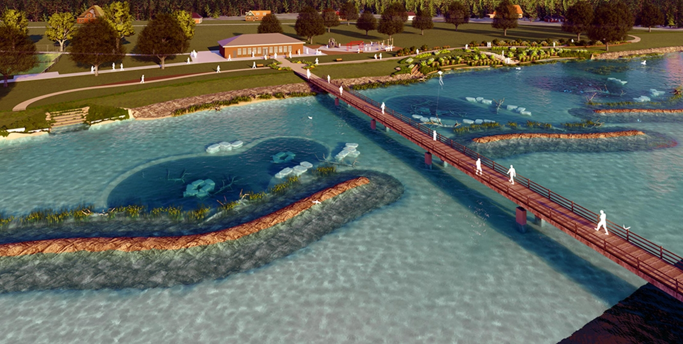 An aerial view rendering of park users crossing the bridge at the Brandenburg Park Shoreline.