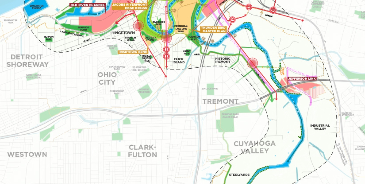 A Valley Wide Concept Map along Cuyahoga River depicting culverts, trails, intersections, bridges and more.