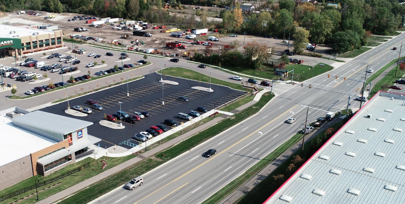 Close-up aerial view of Brown Road looking east