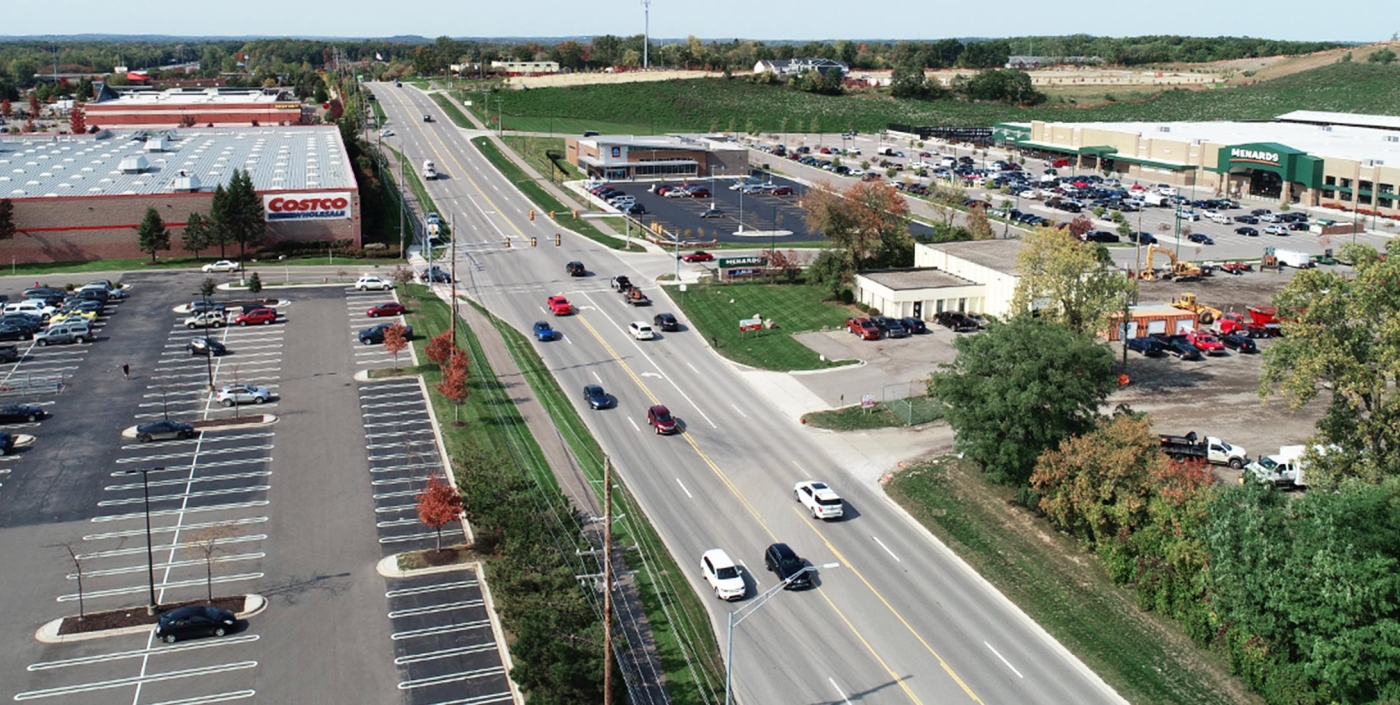 Close-up aerial view of Brown Road looking west