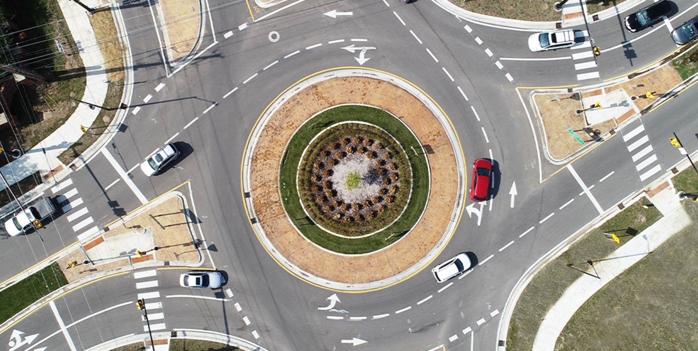 Aerial close-up of the Maple and Middlebelt Roundabout in West Bloomfield, MI.
