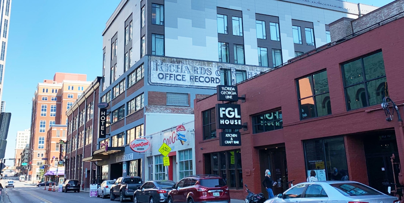 Exterior day shot outside facing the Moxy Hotel