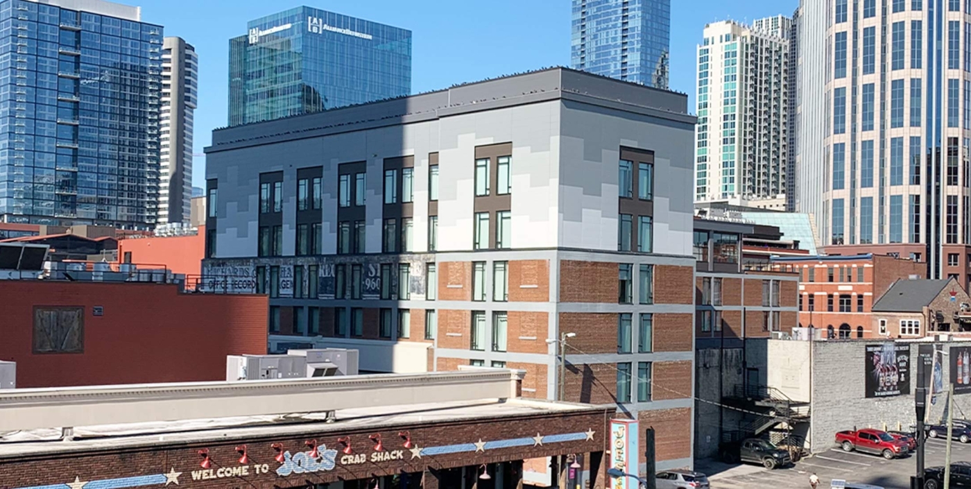 Exterior shot of the Moxy Hotel building