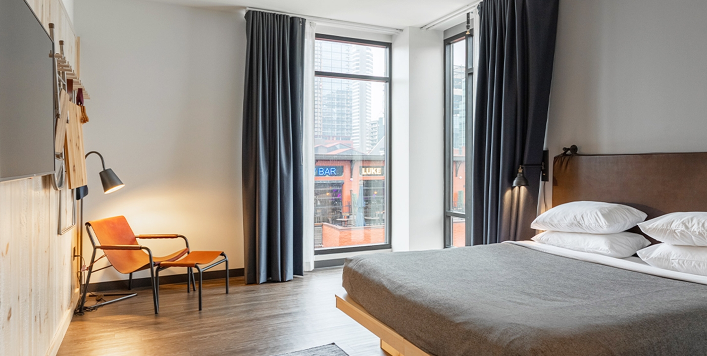Interior shot of hotel room inside Moxy