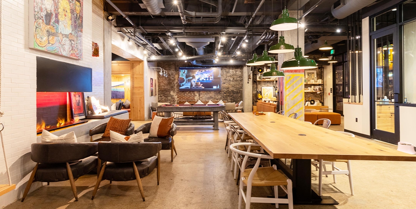 Interior shot of the lobby inside the Moxy Hotel