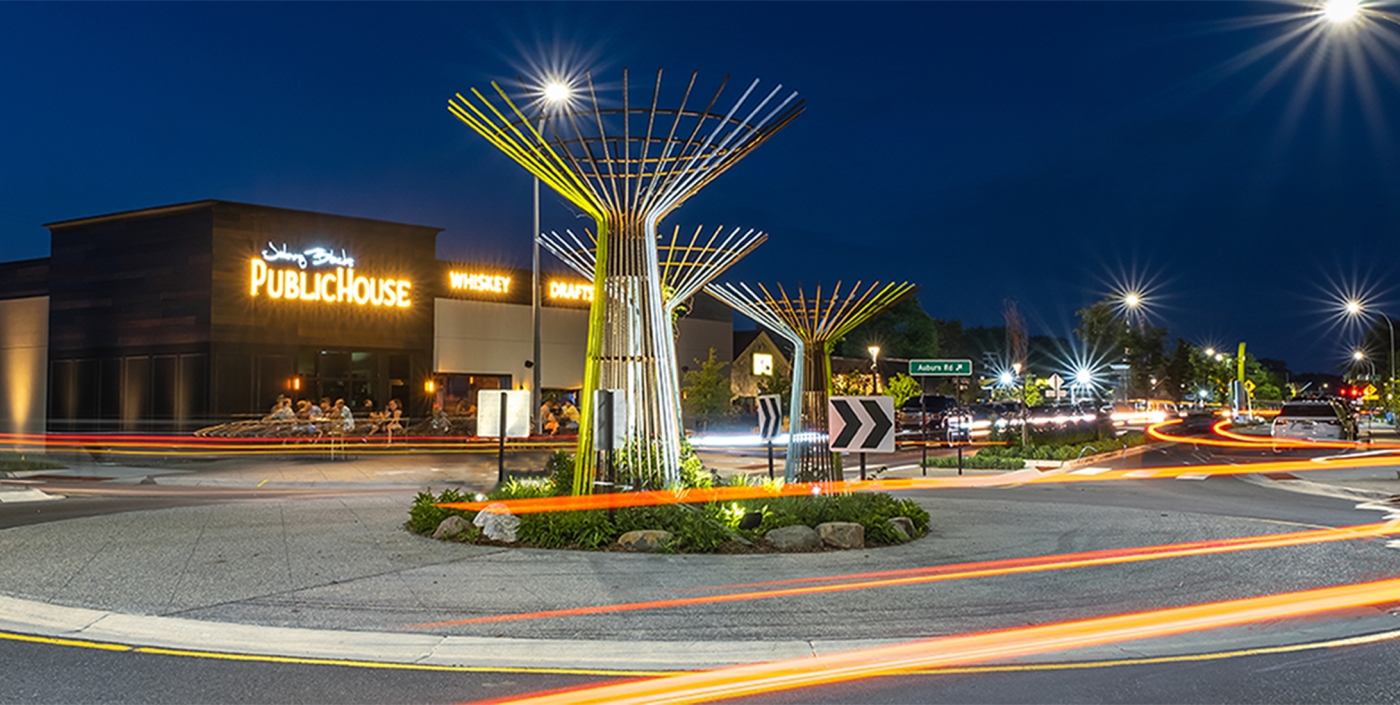 Auburn Road roundabout art feature at night