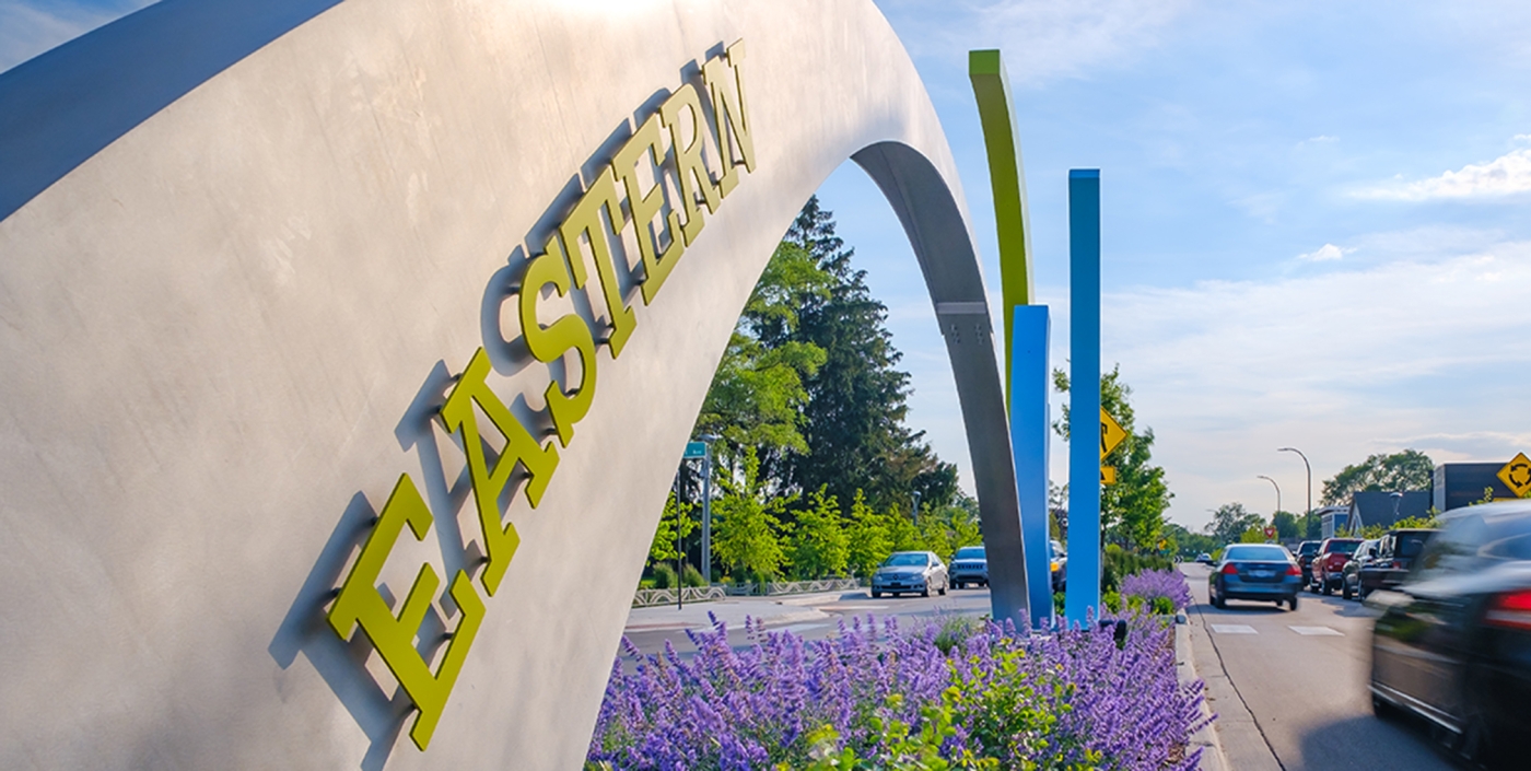 Artwork and landscape within the median along Auburn Rd