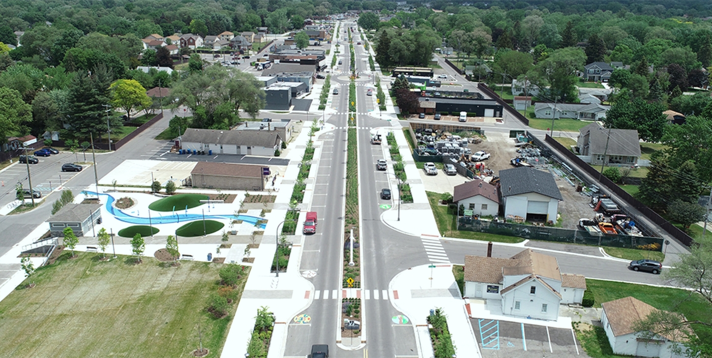 Aerial view of Auburn Road Corridor and Emmons Plaza.