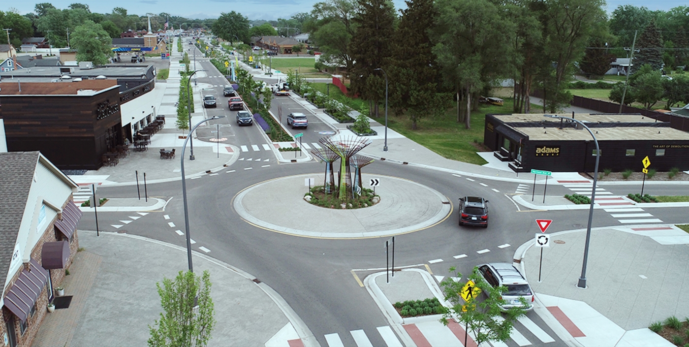 One of the roundabouts and new pedestrian crosswalks on Auburn Road.