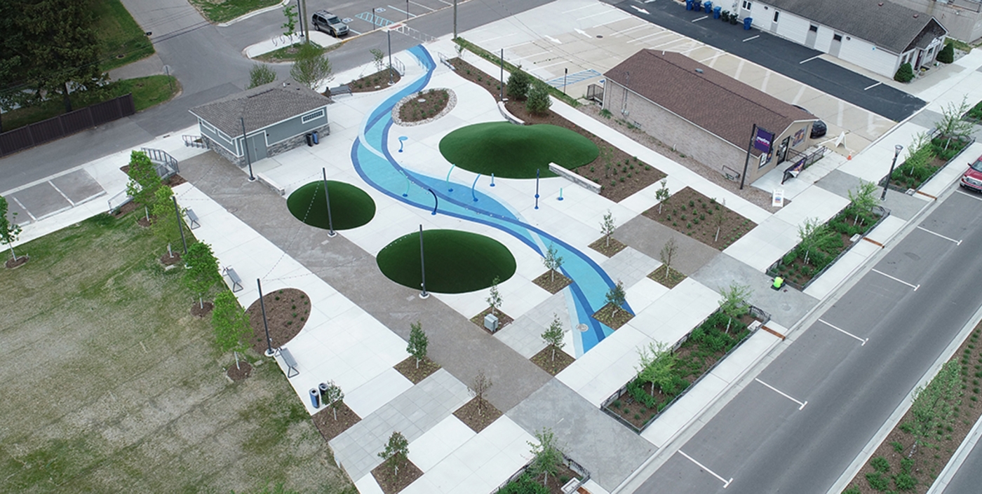 The spray park at Emmons Plaza in Rochester Hills, Michigan