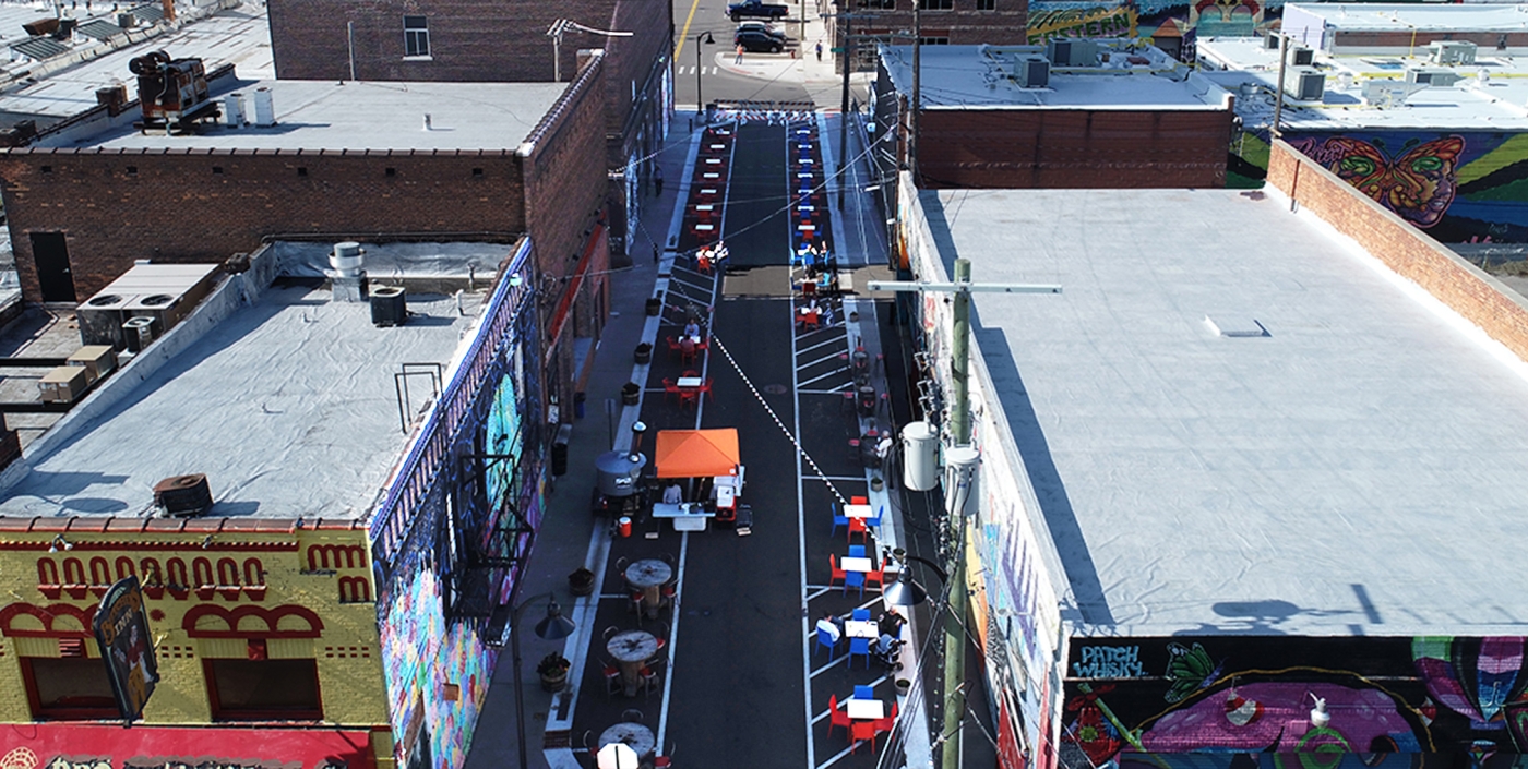 Aerial view of Riopelle Street in Detroit, MI