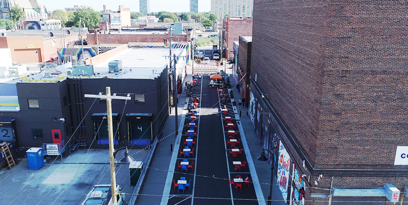 Aerial view of Riopelle Street showing enhanced community gathering spaces