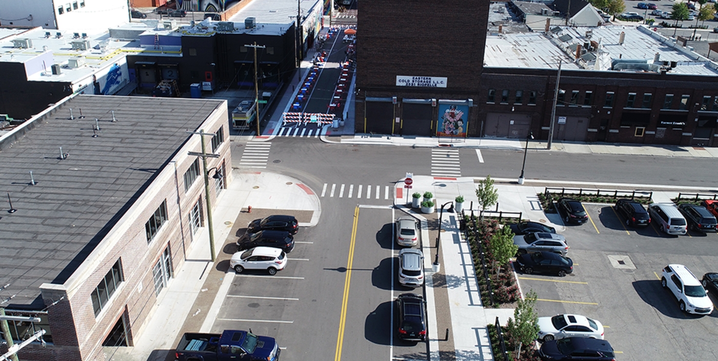 Aerial view of the intersection and beginning of Riopelle Street in Detroit, MI