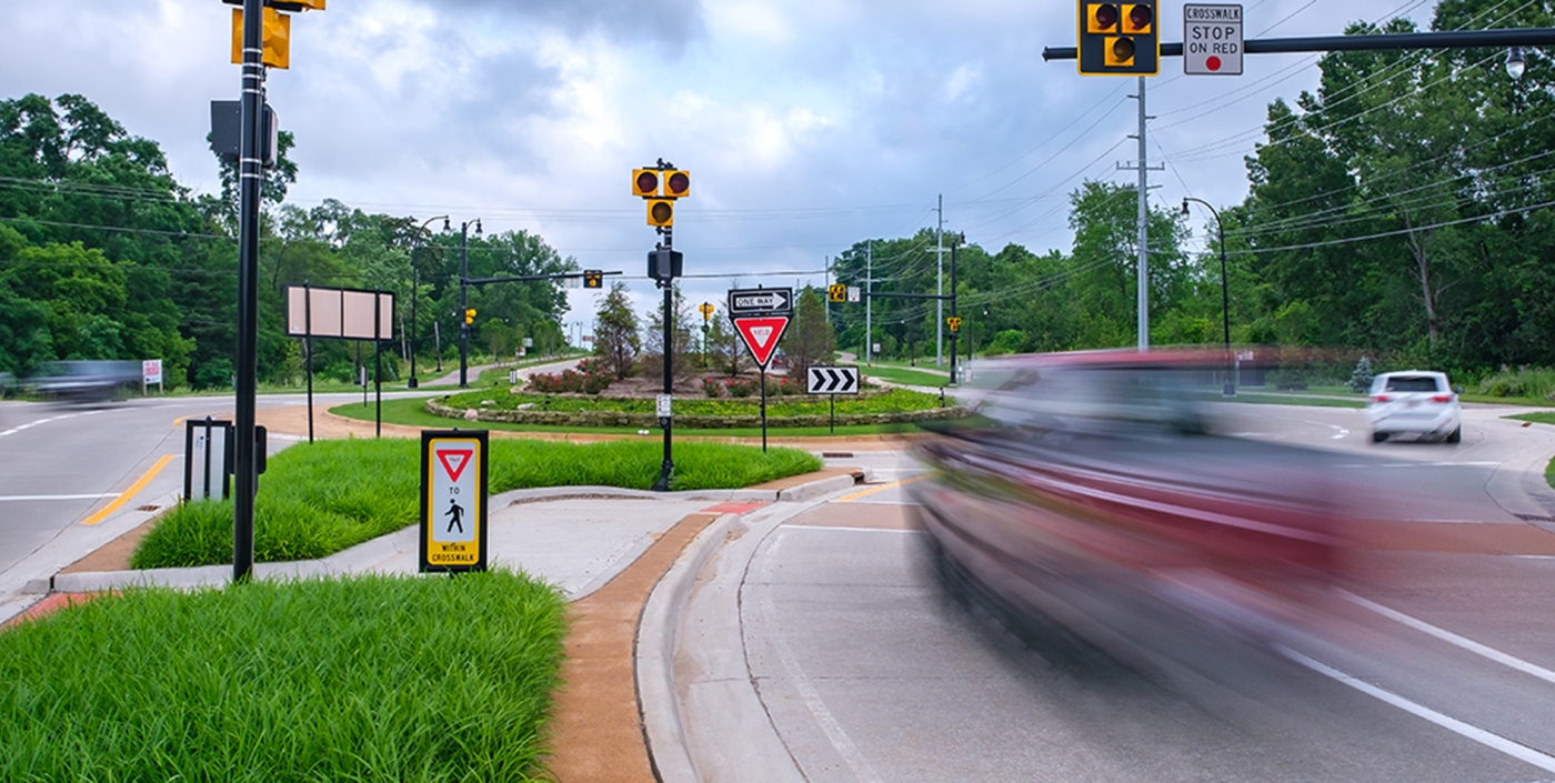 One of many roundabouts along the reconstructed Baldwin Road corridor.