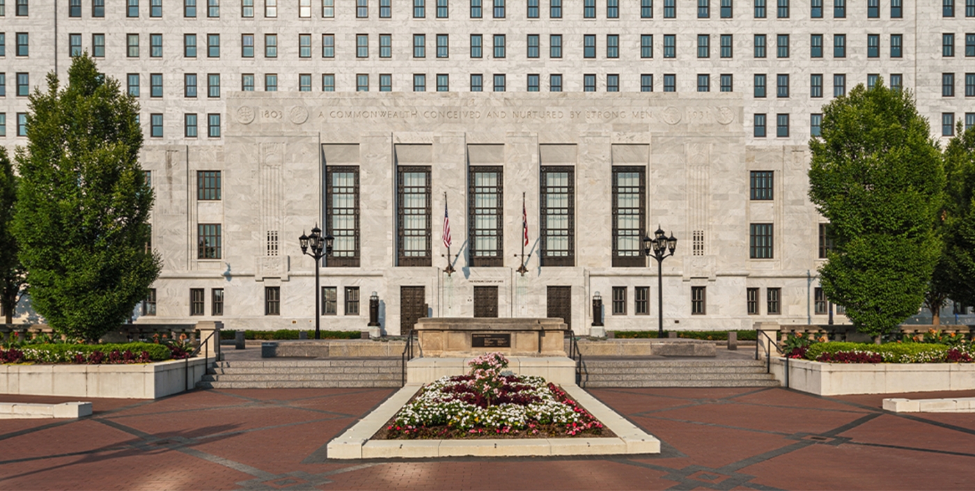 The Supreme Court of Ohio's entrance and exterior plaza in Columbus, Ohio