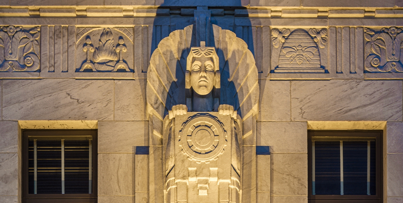One of the many murals affixed to this historic building's façade.