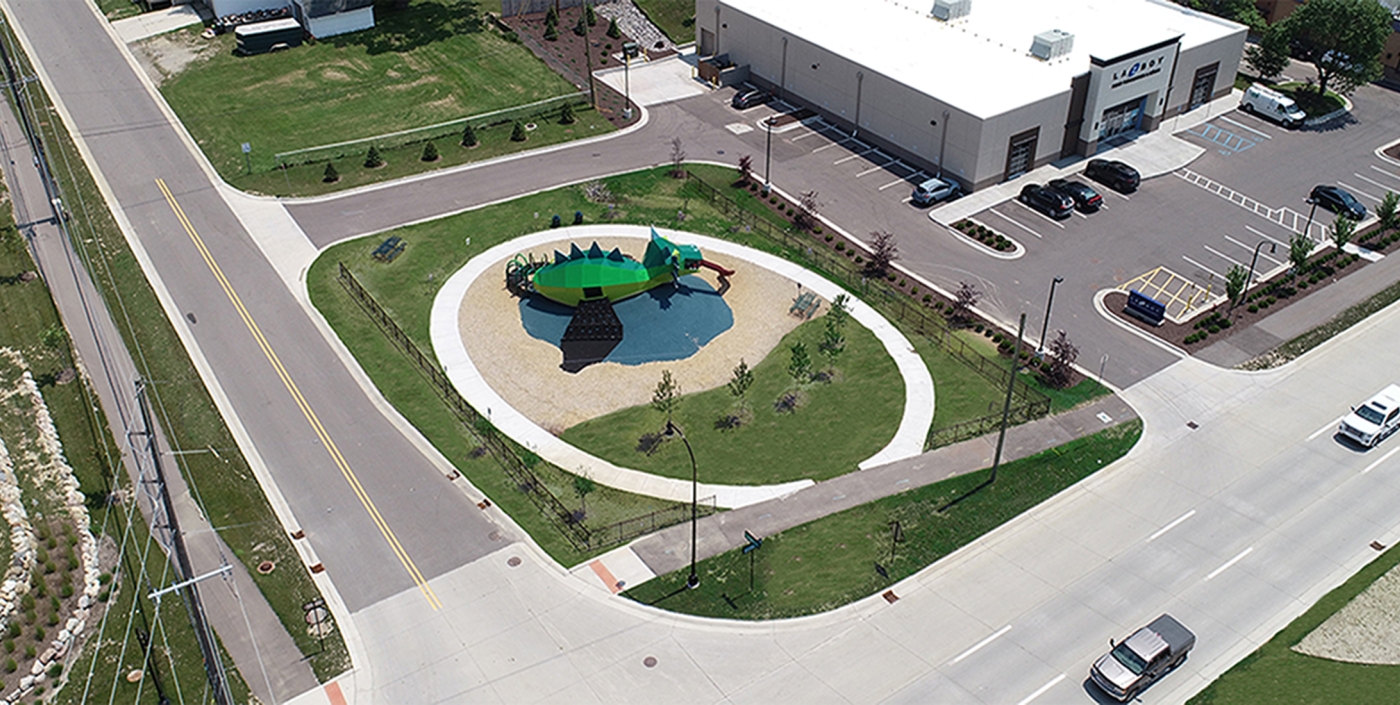 Birdseye view of the new dragon themed pocket park located on Baldwin Road in Lake Orion, MI