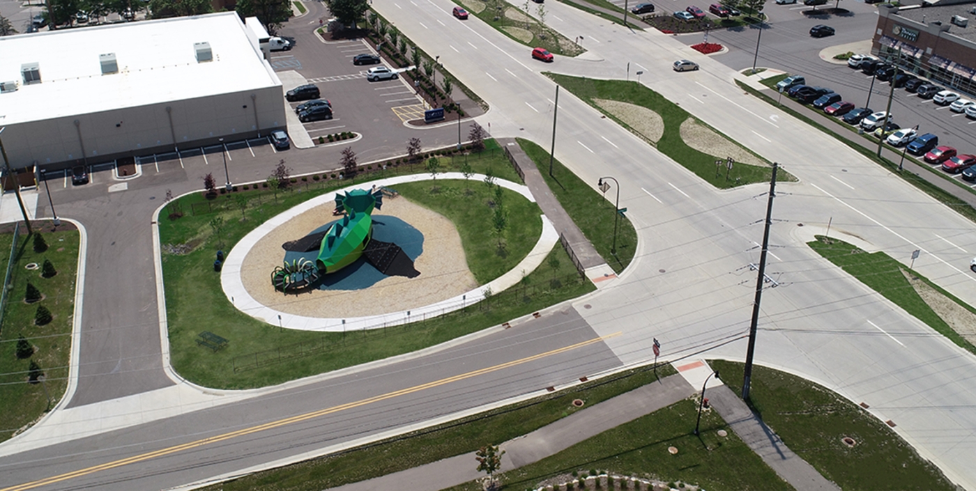 Birdseye view of the new dragon themed pocket park alongside Baldwin Road in Lake Orion, MI