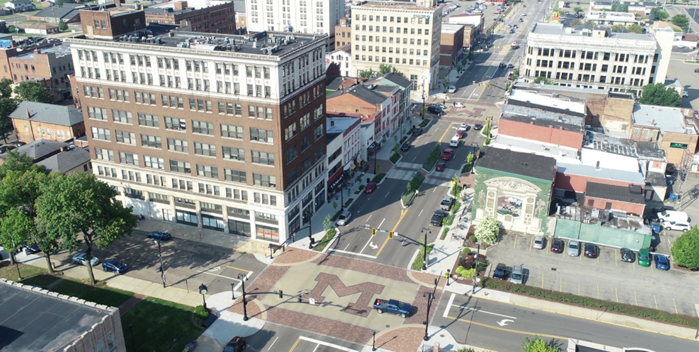 Aerial view of the newly renovated Lincoln Way corridor in Massillon, Ohio