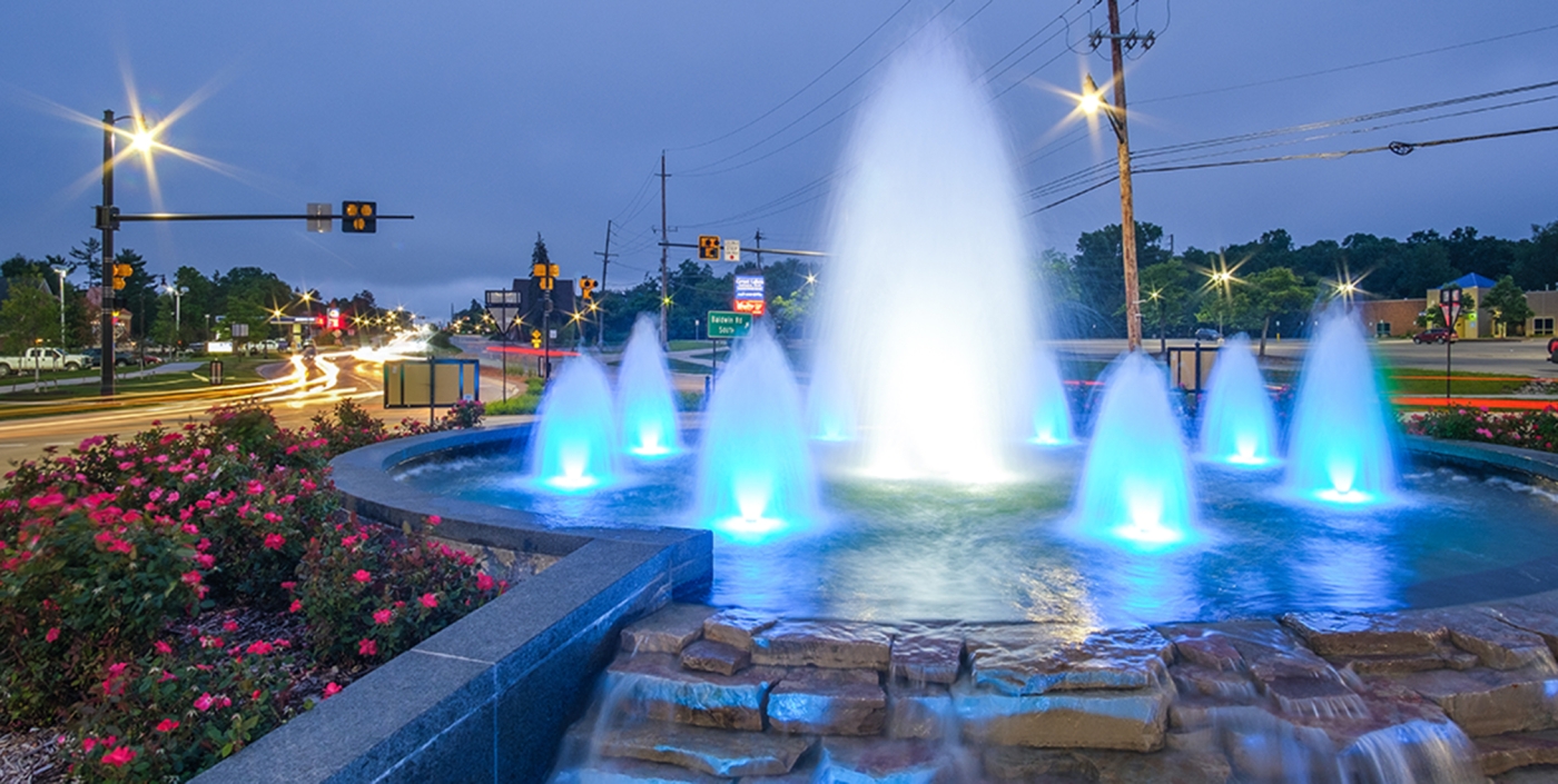 The fountain in the middle roundabout supports Orion Township's vision for an attractive and memorable corridor.