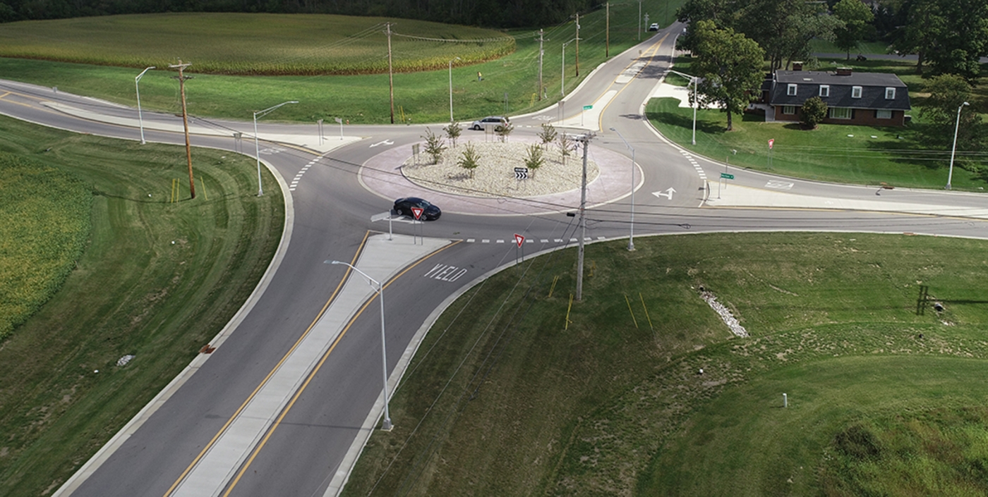 The new single-lane roundabout at Norton and Johnson Roads reduces congestion and improves safety.