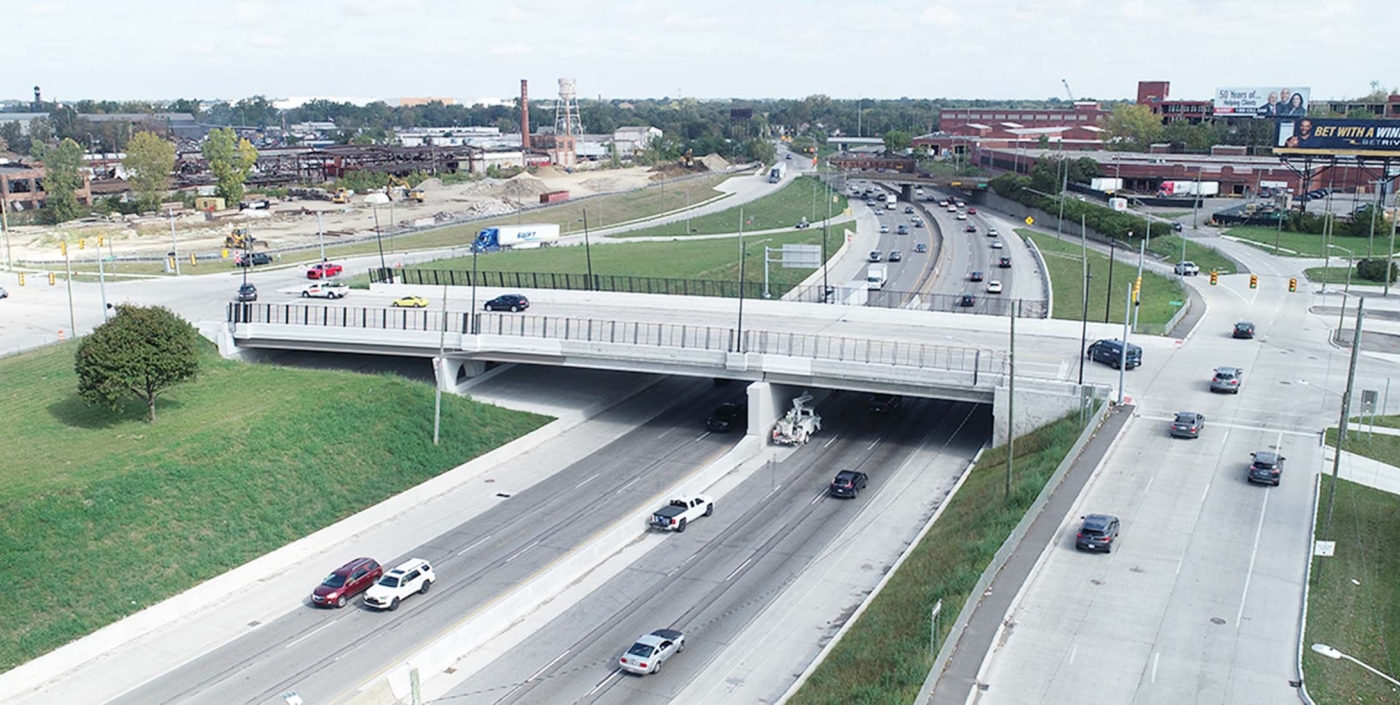 The newly replaced Mt. Elliott Road over I-94 bridge in Detroit, MI.