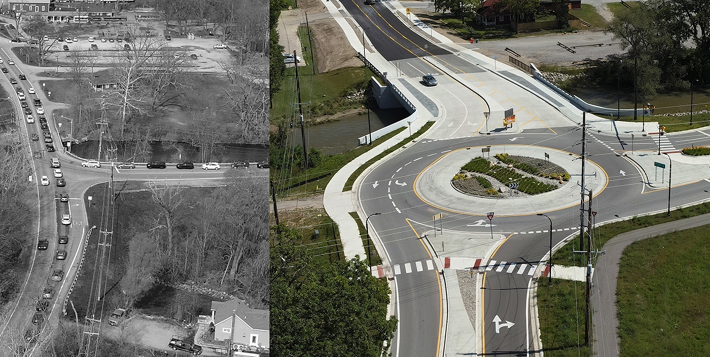Before and after photos, demonstrating how new solution eliminated mile-long traffic backups and added pedestrian facilities.