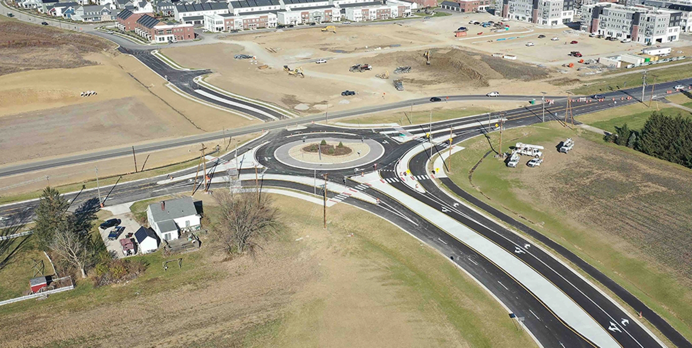 Aerial shot of the turbo roundabout at Home Road and Lewis Center Rd in Delaware, Ohio