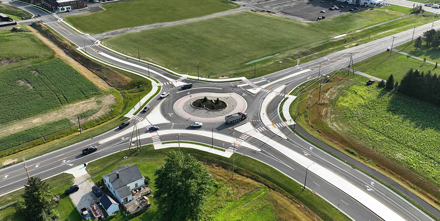 Aerial shot of the turbo roundabout at Home Road and Lewis Center Rd in Delaware, Ohio