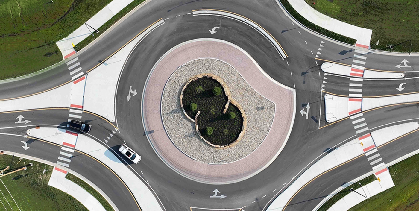 Birds-eye view of traffic flowing within the roundabout at Home Road and Lewis Center Rd in Delaware, Ohio
