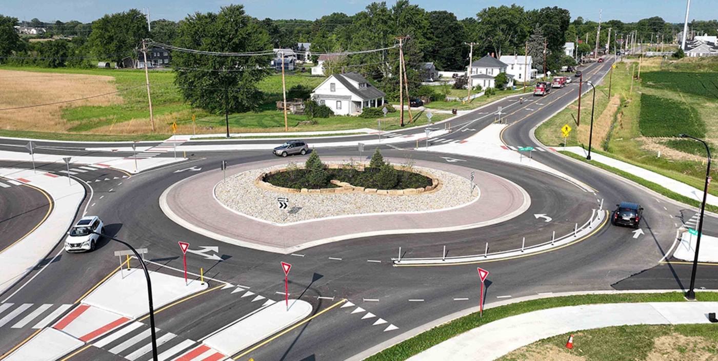 Birds-eye view of traffic flowing within the roundabout at Home Road and Lewis Center Rd in Delaware, Ohio