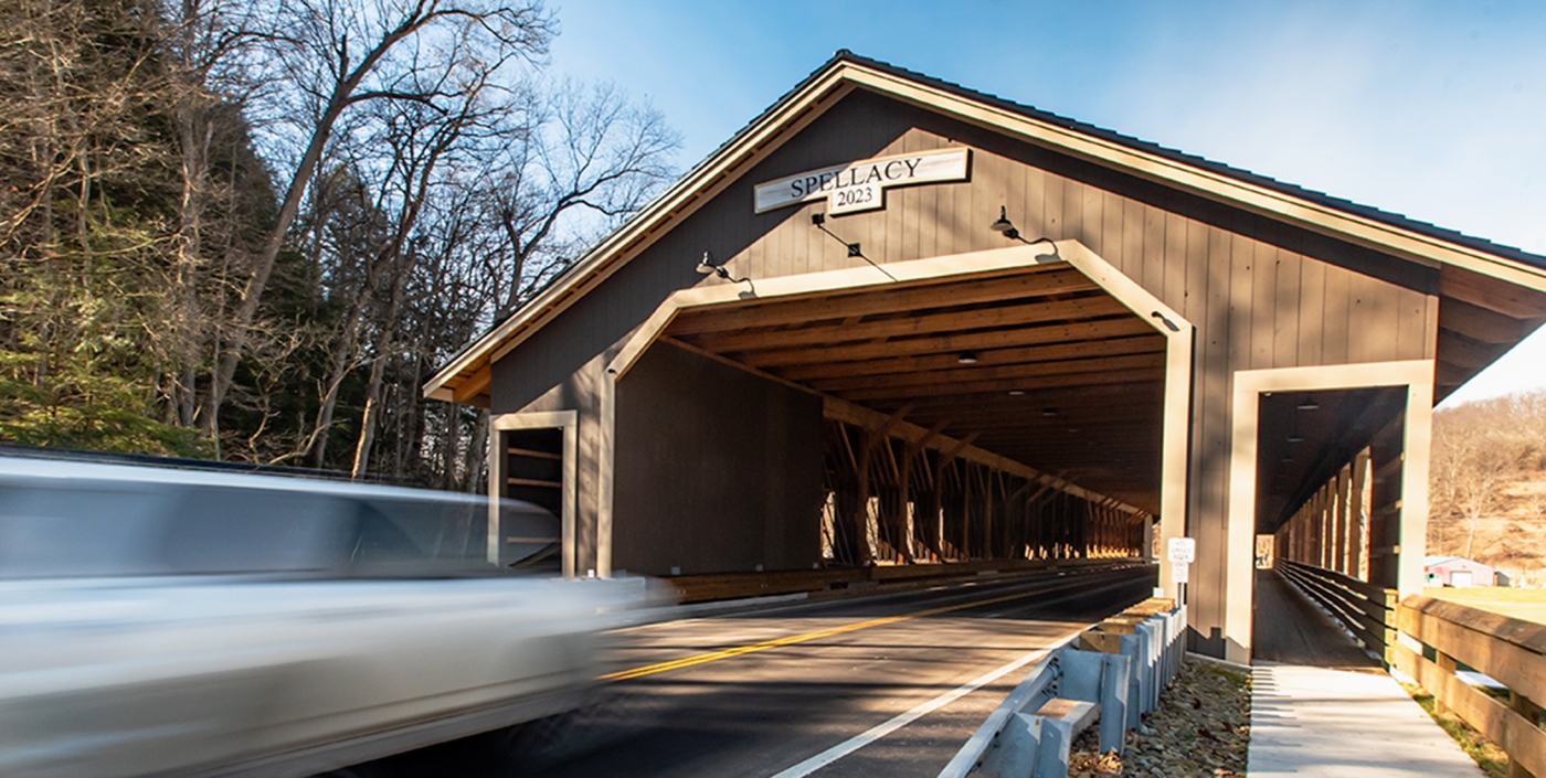 Entrance to the 300-foot Spellacy Bridge in Holmes County, Ohio