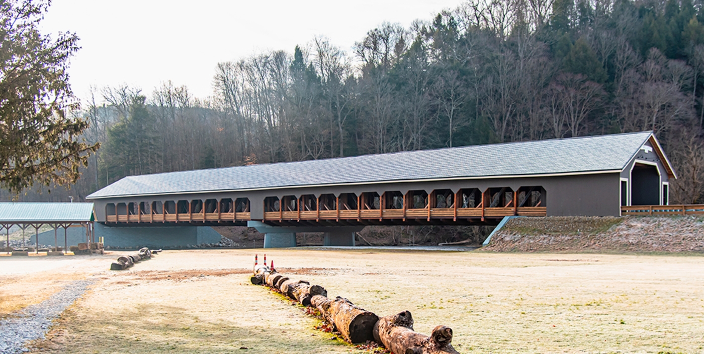 The Spellacy covered bridge extends 300 feet across the Mohican River