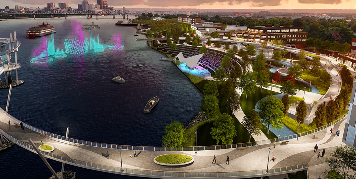 Color rendering of conceptual pier and walkway over the Ohio River at Jeffboat site.